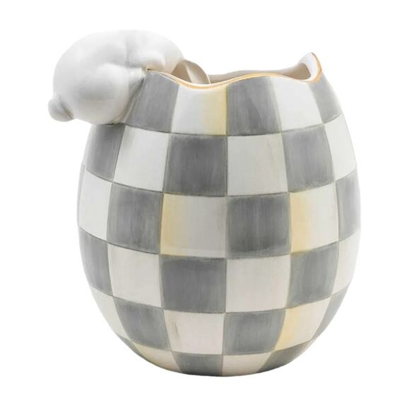 MACKENZIE-CHILDS White Rabbit Vase Hand Painted Gray Courtly Check Egg NEW - Picture 2 of 4